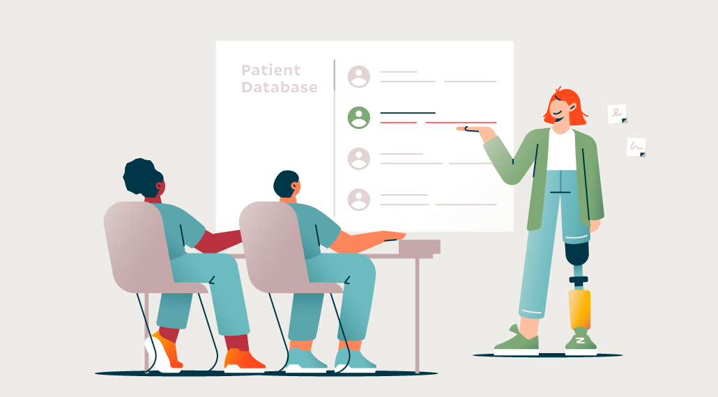 Person explains clinical study startup process to a site team, pointing at a digital patient database