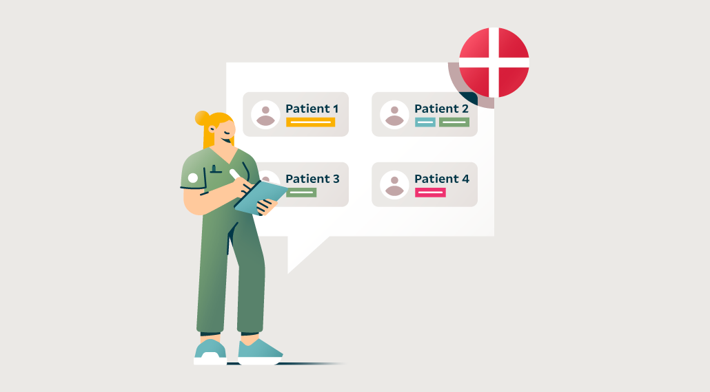 Person with clipboard, patient cards and Danish flag