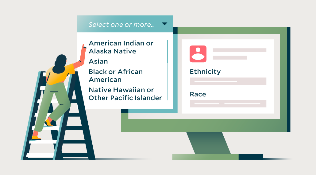 Person climbing ladder to click on diversity button popping out of computer screen