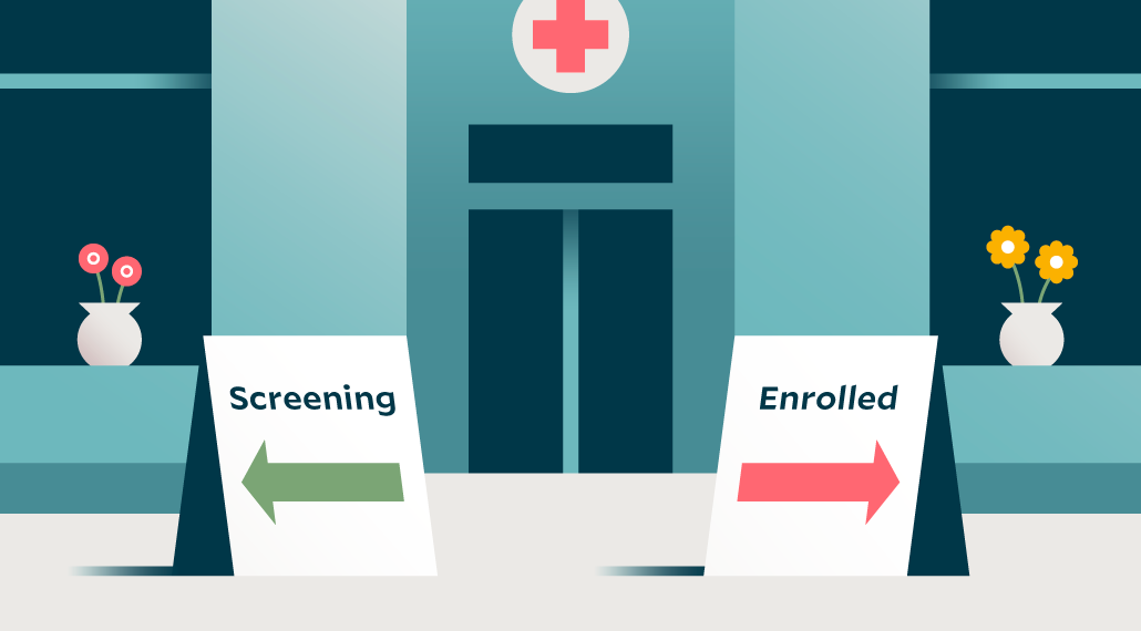 Two signs stand in front of a building; one says “screening” and one says “enrolled.”