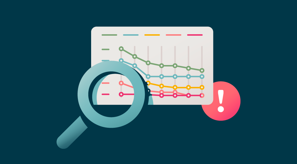 magnifying class hovers over a chart with an exclamation point next to it