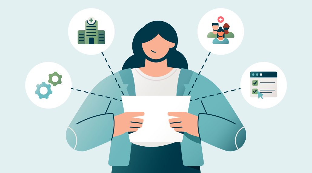 Person holding paper surrounded by icons