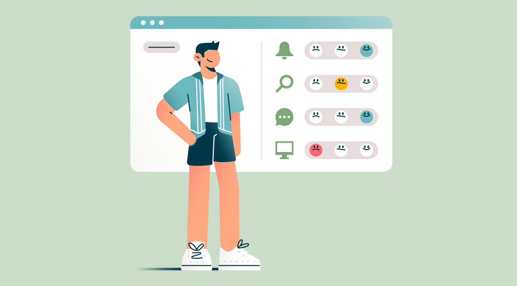 Male patient standing next to a chart that shows satisfaction levels 