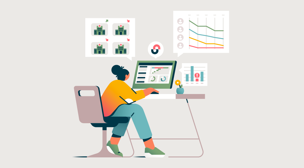 Person sitting at computer with charts floating around it